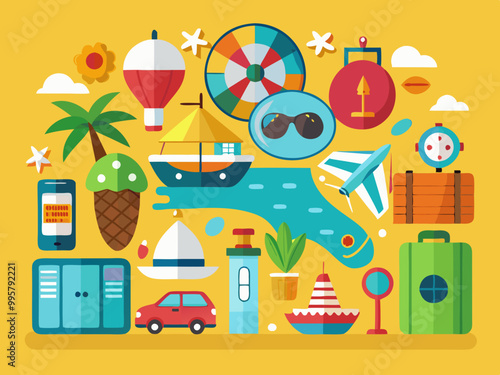 Travel icon set. Summer vacations and holiday symbol vector illustration. Collection of traveling and tourism elements.
