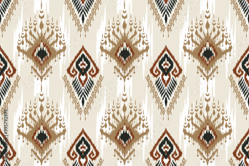 Geometric Ikat pattern in earthy tones of brown, beige, and black featuring traditional tribal motifs, perfect for textiles, upholstery, wallpaper, and fashion, adding rustic charm to any design.