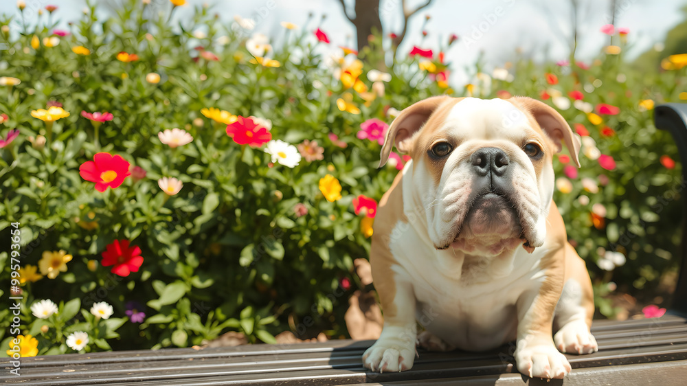 Fototapeta premium Adorable Bulldog in Vibrant Flower Garden