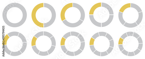 A round segmented chart. Divided into 1-10 parts. Segmented circle icons for infographic, data analysis, web design, ui or presentation. Yellow and grey.