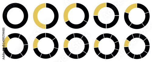 A round segmented chart. Divided into 1-10 parts. Segmented circle icons for infographic, data analysis, web design, ui or presentation. Yellow and black.