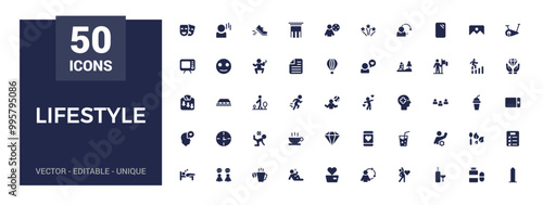Lifestyle icons collection. Related to healthy lifestyle, diet, exercise, filled icon set, glyph for web and ui. Solid icons set. Vector illustration.