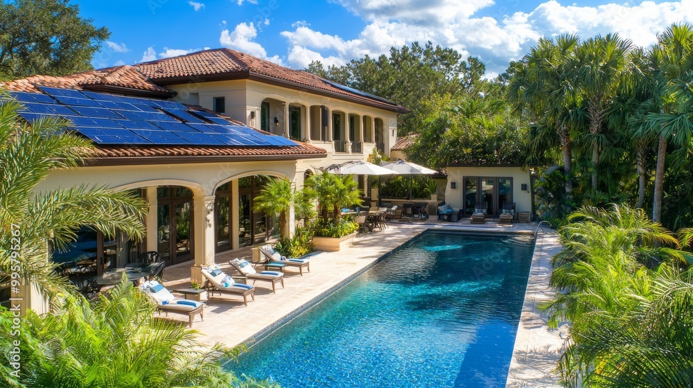 Fototapeta premium Luxury Villa with Solar Panels and Tropical Poolside Garden in Orlando, Florida