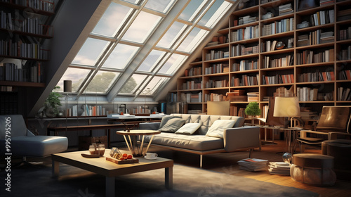 A modern reading room in the attic, featuring a cozy private corner.