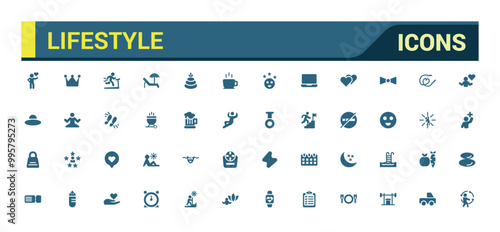 Lifestyle icons collection. Related to healthy lifestyle, diet, exercise, filled icon set, glyph for web and ui. Solid icons set. Vector illustration.
