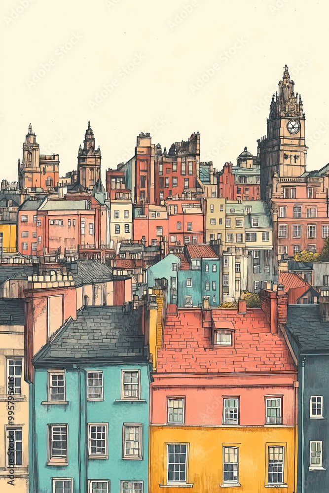 Obraz premium Newcastle, color pen pencil hand-drawn effect drawing illustration for travel poster, card, wallpaper, backdrop or banner. Modern, clear, artistic and simple