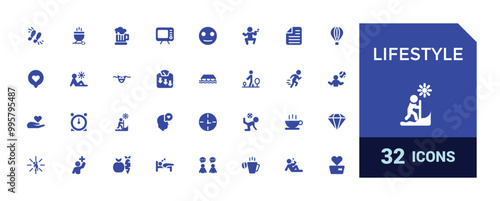 Lifestyle icons collection. Related to healthy lifestyle, diet, exercise, filled icon set, glyph for web and ui. Solid icons set. Vector illustration.