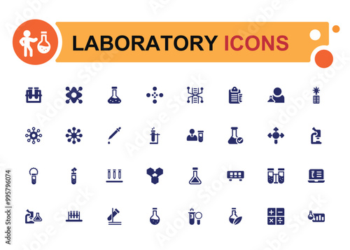 Laboratory filled icon set. Containing experiment, test tube, microscope. Glyph icon set for web and ui. Solid icons set. Vector illustration.