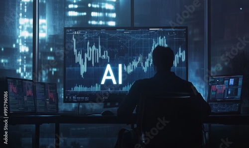 Silhouetted person working on computer with AI data.