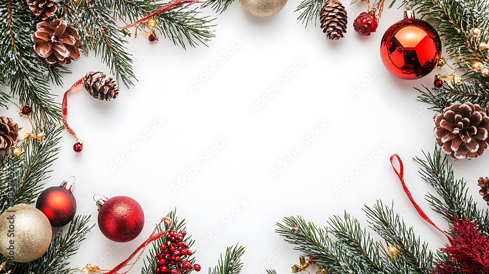 Christmas and New Year background. Fir tree branches, red baubles and decorations on white background. Flat lay, top view, copy space Christmas and New Year background. Fir tree branches, red baubles and decorations on white background. Flat lay, top view, copy space