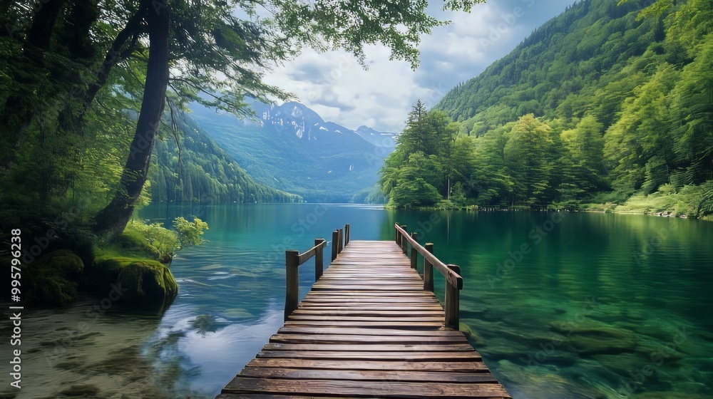 Fototapeta premium Tranquil Lakeside Dock Amid Lush Forested Mountains