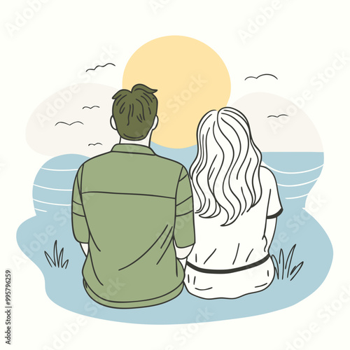 Romantic Couple Silhouette Watching Serene Sunset Over Water