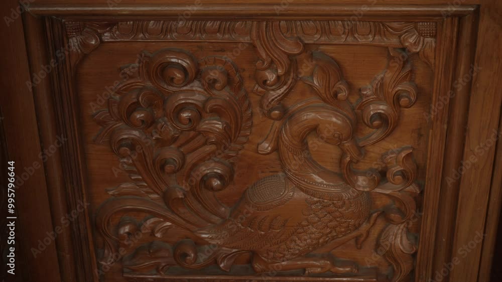 a peacock wooden design work. a peacock wooden design work.