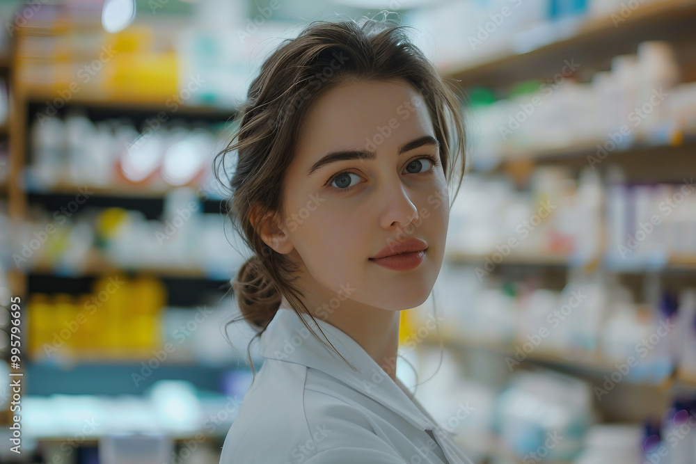 Portrait of a smiling confident pharmacist working in a pharmacy generative AI Portrait of a smiling confident pharmacist working in a pharmacy generative AI