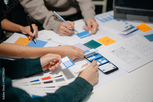  UX developer and ui designer brainstorming about mobile app interface wireframe design with customer breif and color code photo