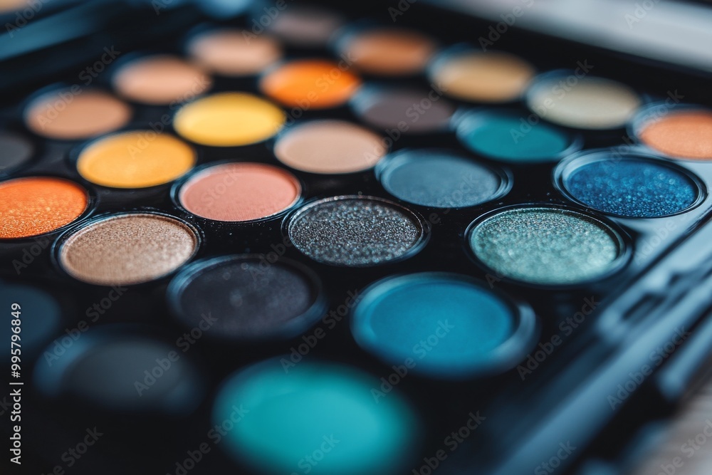Large eyeshadow palette with a mix of matte and shimmer shades in cool tones of blue and gray perfect for professional beauty and editorial makeup applications Large eyeshadow palette with a mix of matte and shimmer shades in cool tones of blue and gray perfect for professional beauty and editorial makeup applications