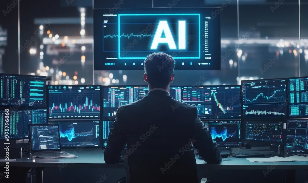Man working with AI, multiple computer screens. Man working with AI, multiple computer screens.