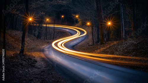 Serpentine road winding through a dark, forested area. The road is illuminated by a series of bright, star-like streetlights placed at intervals. The long exposure captures the light trails of vehicle