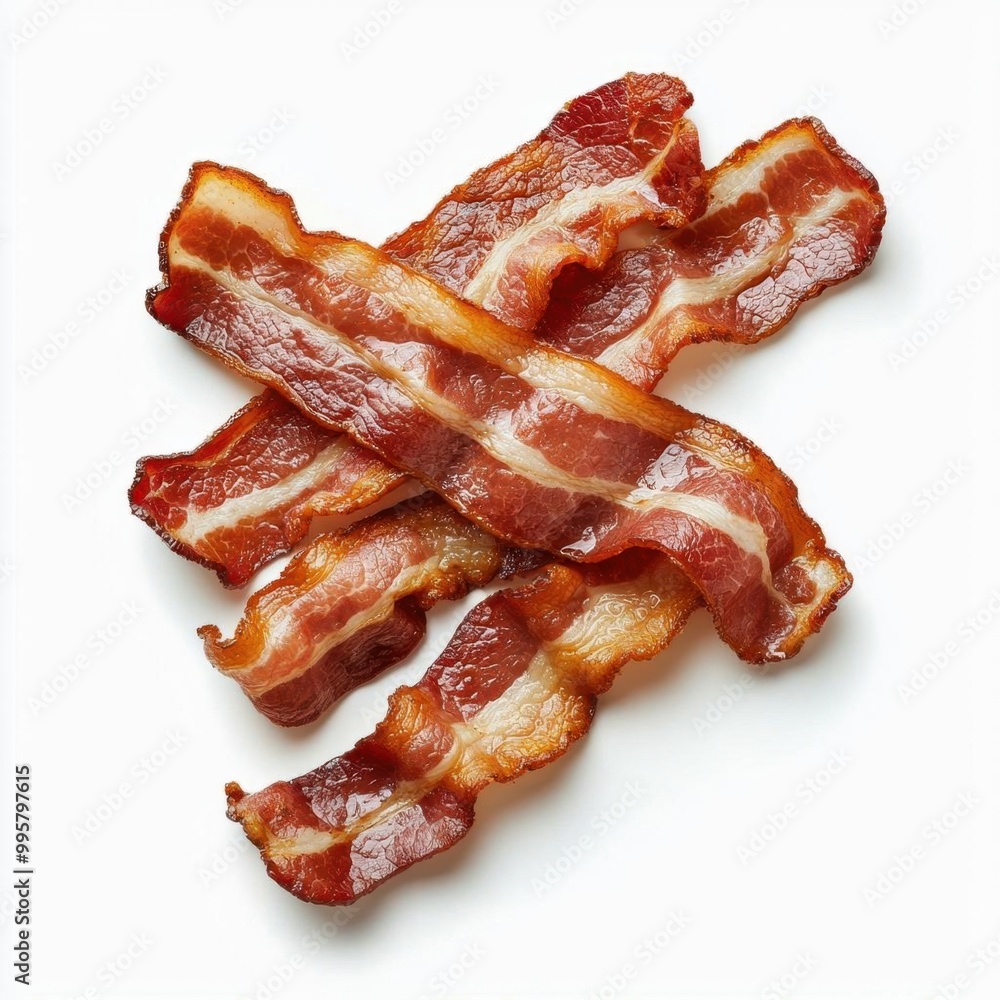 A photostock images of crispy bacon strips isolated on a clean white background A photostock images of crispy bacon strips isolated on a clean white background