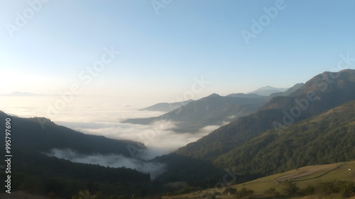 Serene Mountain Landscape with Morning Fog