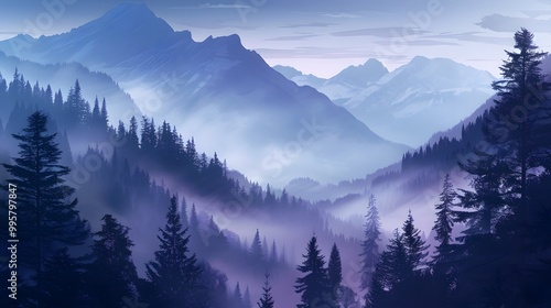 Misty mountain forest with snow-capped peaks and dense fog