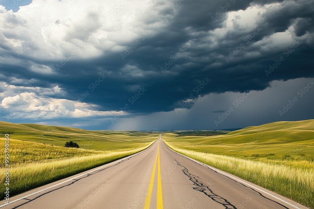 Fototapeta premium A long road with a stormy sky in the background