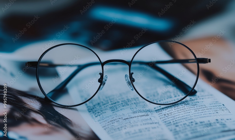 Round glasses on a book with text. Round glasses on a book with text.