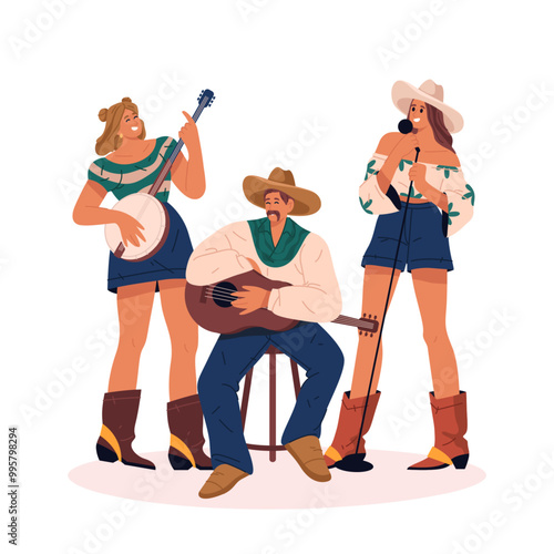 Country band or western folk group. Vector trio with guitarist musician, vocalist or singer, banjo performer. Music entertainers for bluegrass performance on concert stage live. Show ensemble. Sound