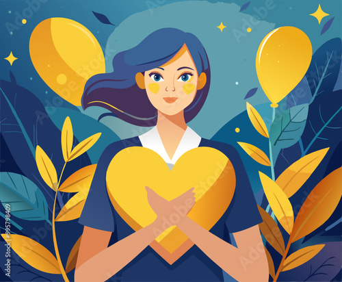 Endometriosis awareness concept with woman holding yellow heart for support and hope