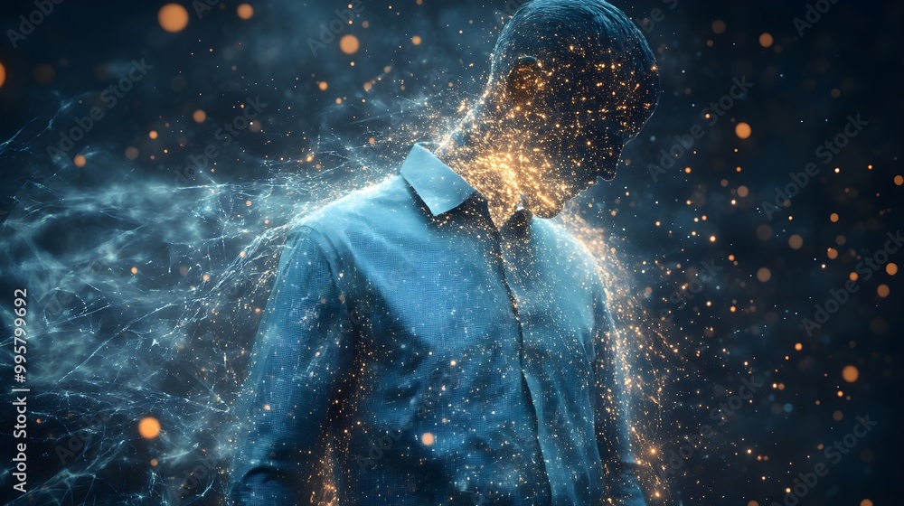 Naklejka premium A conceptual image of a gray shirt dissolving into a digital matrix, symbolizing the blend of technology and humanity, set against a dark futuristic background, Digital Manipulation, Cyberpunk Style