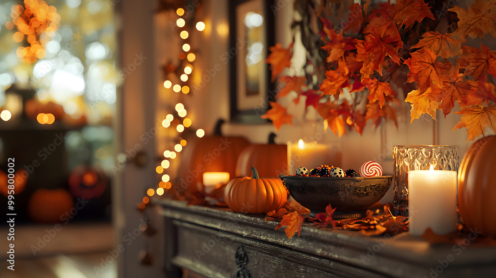 Obraz premium A cozy Halloween corner with pumpkins, candles, and colorful leaves. Generative AI