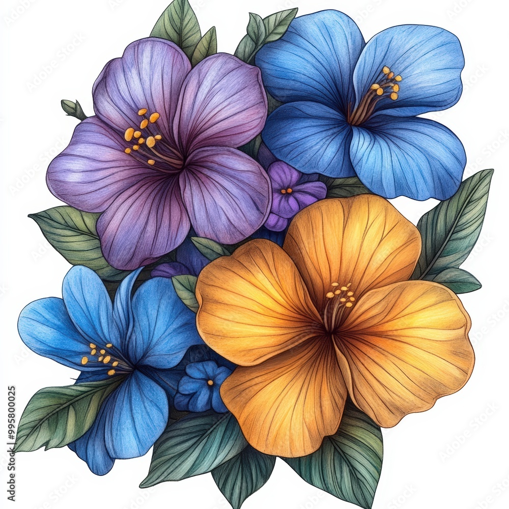 Vibrant flowers in shades of blue, purple, and orange with lush green leaves. Vibrant flowers in shades of blue, purple, and orange with lush green leaves.