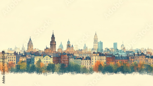 Nottingham, color pen pencil hand-drawn effect drawing illustration for travel poster, card, wallpaper, backdrop or banner. Modern, clear, artistic and simple