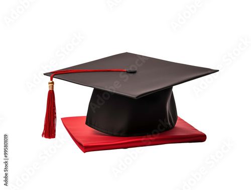 a black graduation cap with a red tassel photo