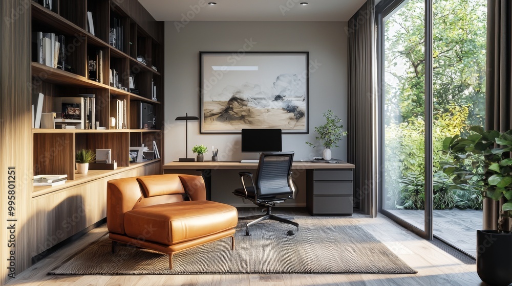 Fototapeta premium Stylish home office setup, offering a convenient and comfortable workspace for remote work