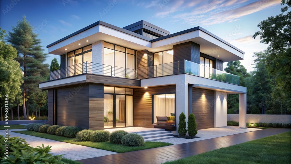 Contemporary house with balconies and a patio is illuminated at sunset Contemporary house with balconies and a patio is illuminated at sunset