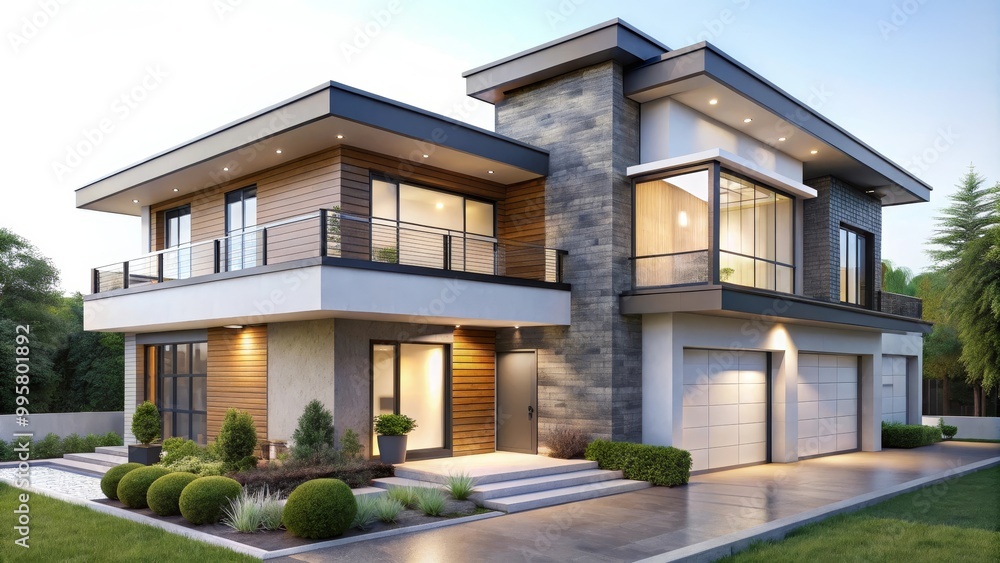 Contemporary house with balconies and a patio is illuminated at sunset Contemporary house with balconies and a patio is illuminated at sunset