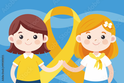 Cute little girls supporting childhood cancer awareness with yellow ribbon