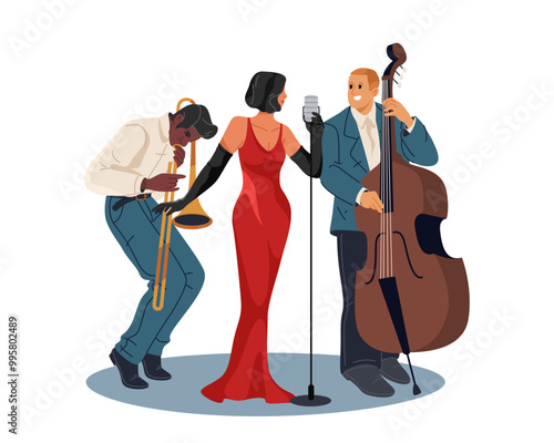Jazz band or musician trio. Vector musical group at live performance. Ensemble with singer or vocalist, saxman entertainer and double bass performer. Saxophone or sax. Live artist concert or recital