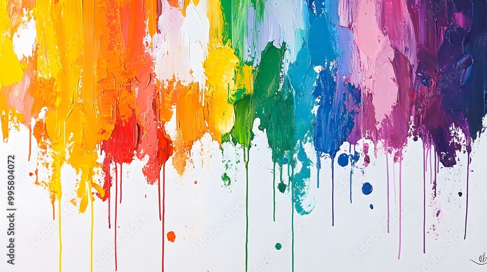 Fototapeta premium Rainbows of paint splashing on a white background, vibrant colors dripping and blending together