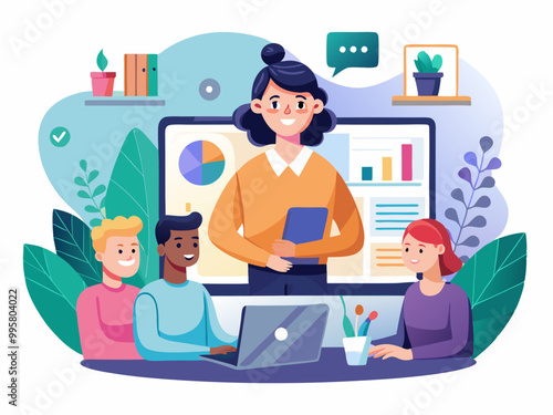 set business flat vector illustration design style concept. for graphic and web page banners. cartoon character design. team online video conference meeting. business planning. data analytics