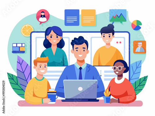 set business flat vector illustration design style concept. for graphic and web page banners. cartoon character design. team online video conference meeting. business planning. data analytics