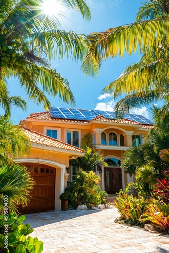 Modern Eco-Friendly House with Solar Panels and Tropical Landscape in Sunny Miami, Florida