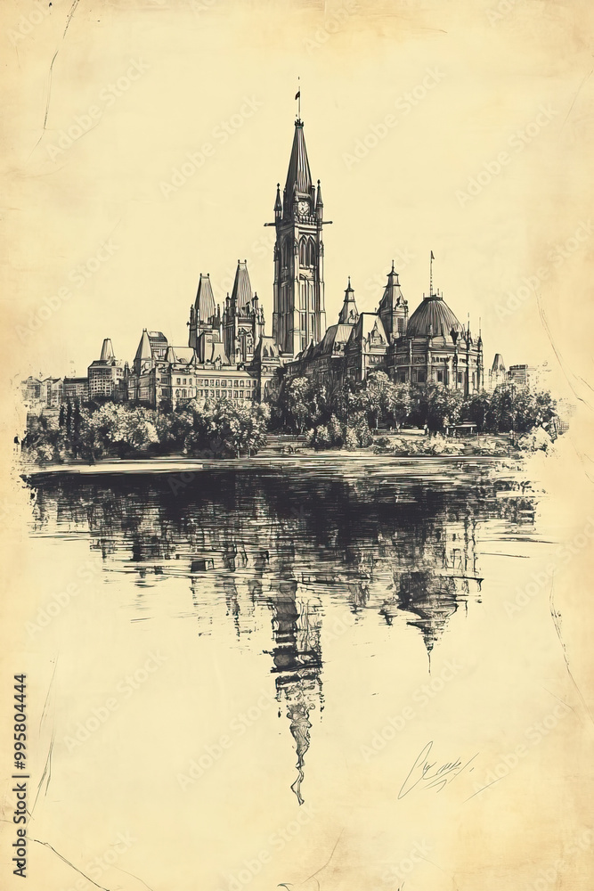 Naklejka premium Ottawa, Canada, color pen pencil hand-drawn effect drawing illustration for travel poster, card, wallpaper, backdrop or banner. Modern, clear, artistic and simple