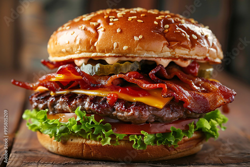 a close up of a burger