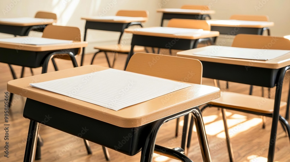 School Exam Sheets arranged on individual desks in a sunlit classroom School Exam Sheets arranged on individual desks in a sunlit classroom