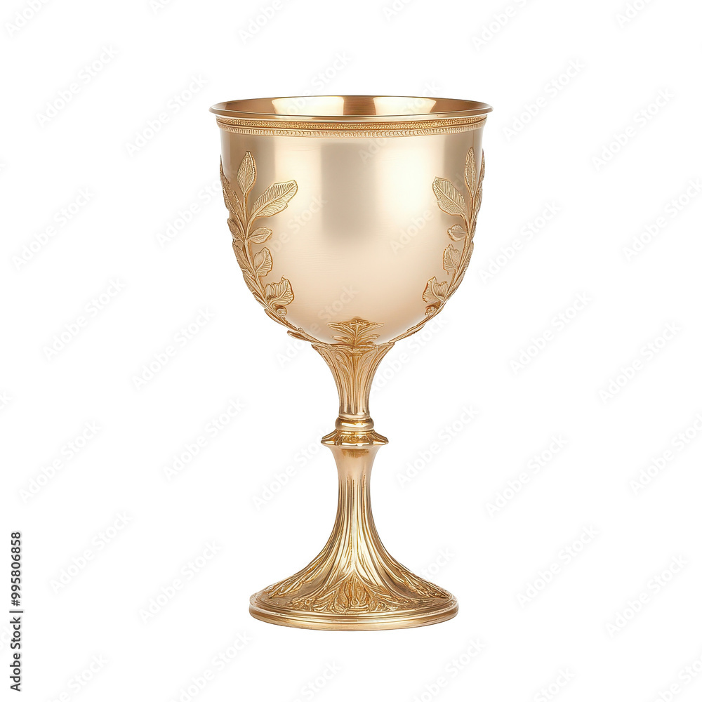 A gold cup with a leaf design sits on a white background A gold cup with a leaf design sits on a white background