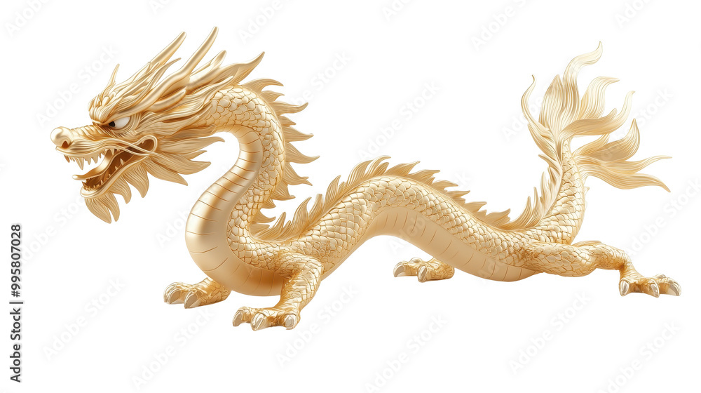 Obraz premium A gold dragon with its mouth open and its tail curled up
