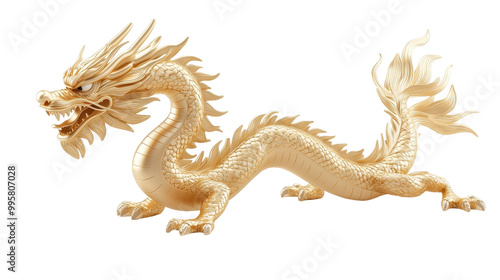 A gold dragon with its mouth open and its tail curled up