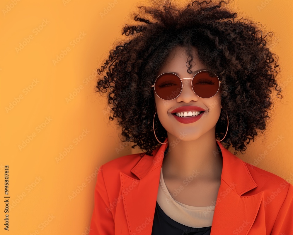 Stylish Young Woman with Curly Hair in Orange Blazer and Sunglasses Smiling Against Vibrant Orange Background Stylish Young Woman with Curly Hair in Orange Blazer and Sunglasses Smiling Against Vibrant Orange Background